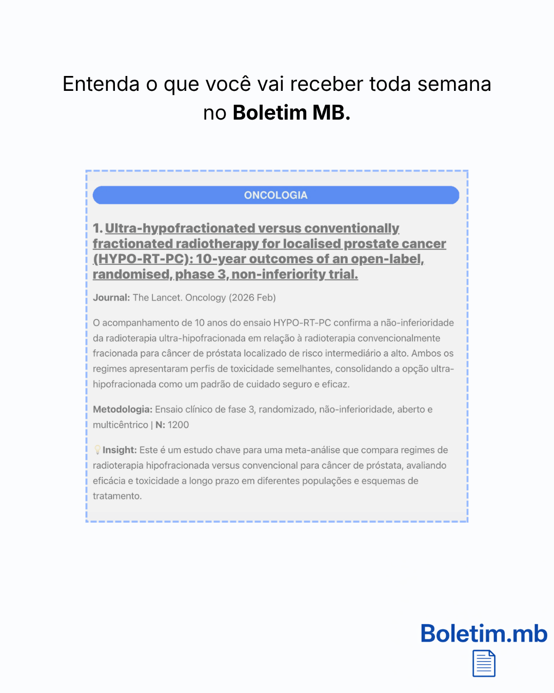 Visão geral de uma entrada do Boletim: o que você recebe toda semana.
